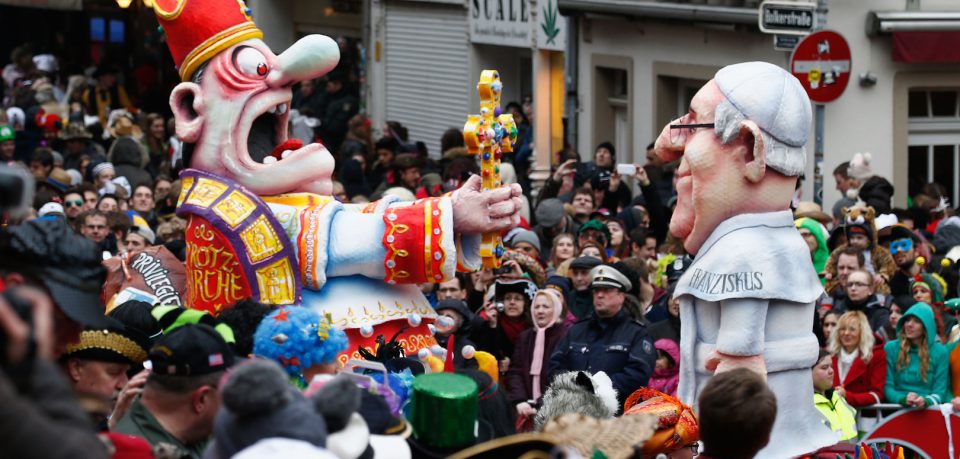 DUESSELDORF, GERMANY - MARCH 03:  A float featuring Pope Francis makes its way during the traditional Rose Monday parade on March 3, 2014 in Duesseldorf, Germany. Rose Monday is the highpoint of the annual carnival season in the region between Dusseldorf, Cologne and Mainz where the carnival has been an annual tradition since 1823 and celebrates free-spirited merrymaking before the beginning of Lent.  (Photo by Andreas Rentz/Getty Images)